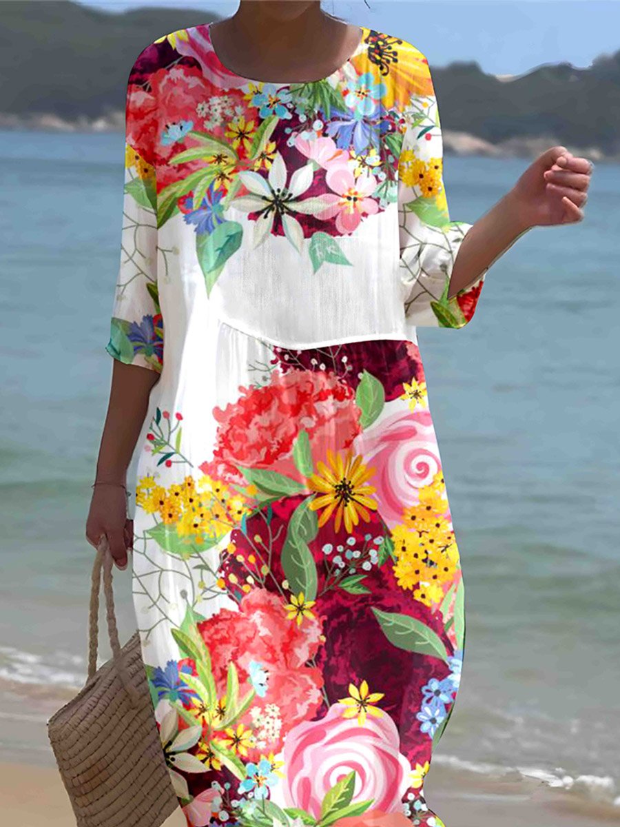 Women's Watercolor Floral Print Resort Dress