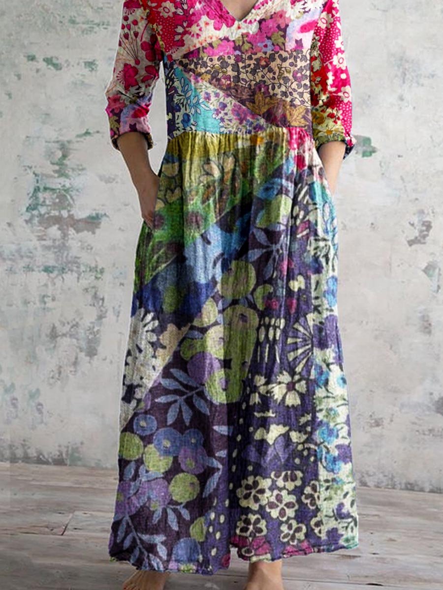 Women's Elegant Geometric Floral Print Cotton Dress