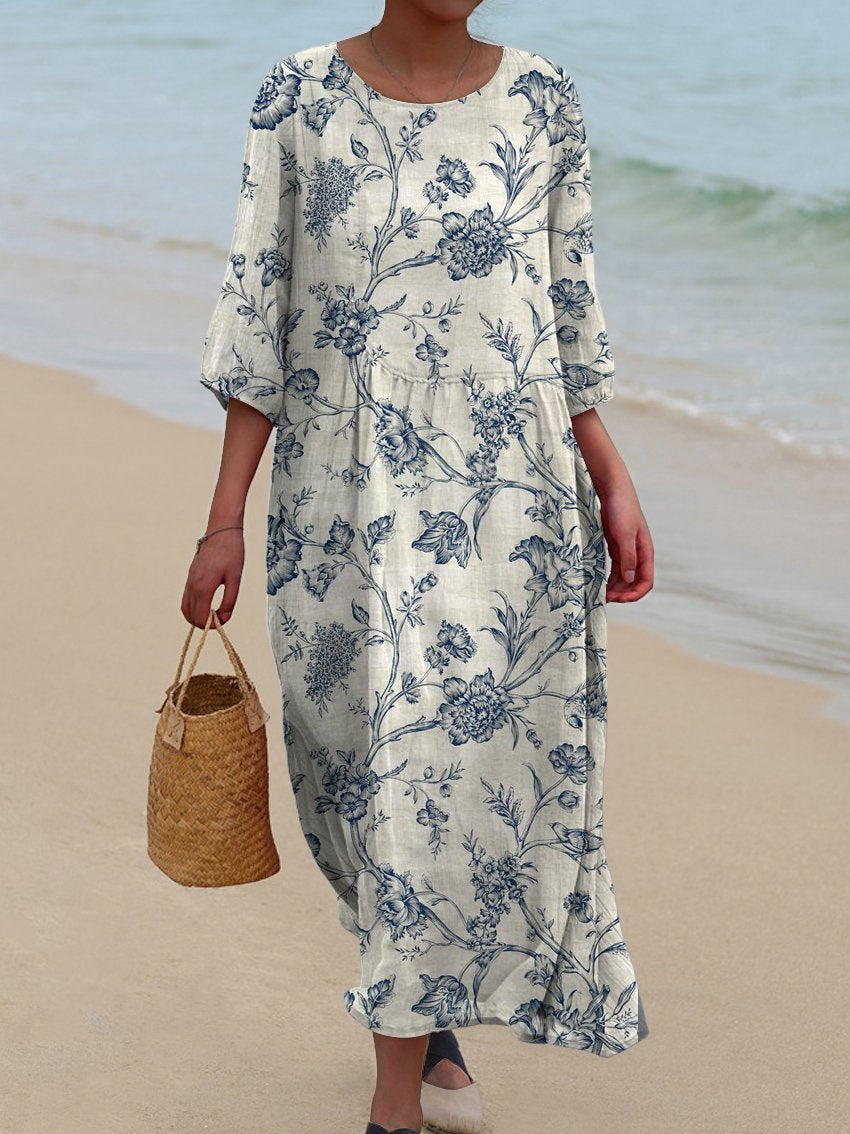 Women's Blue Vintage Curly Floral Print Pocket Cotton Dress