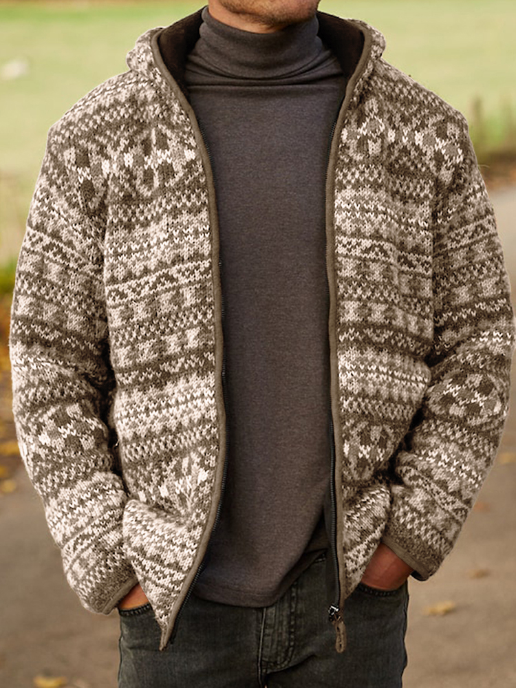 Mens Vintage Fair Isle Knitted Hooded Cardigan