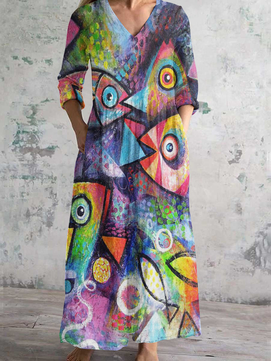 Women's V-Neck Abstract Fish Painting Cotton And Linen Pocket Dress