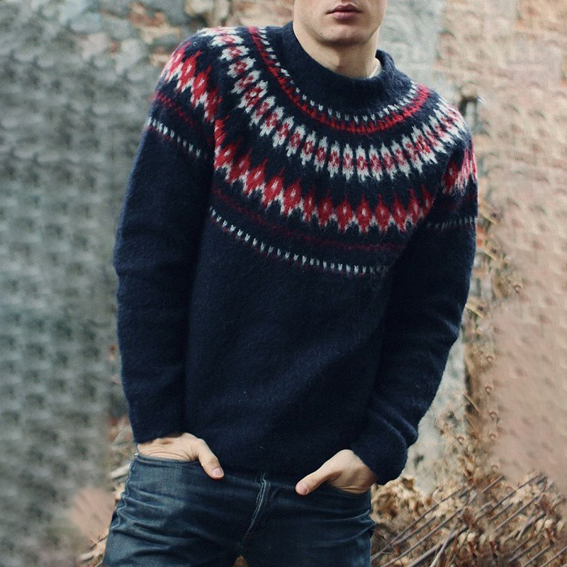 Men's Vintage Contrast Patchwork Fairman Island Knit Jacquard Crew Neck Sweater