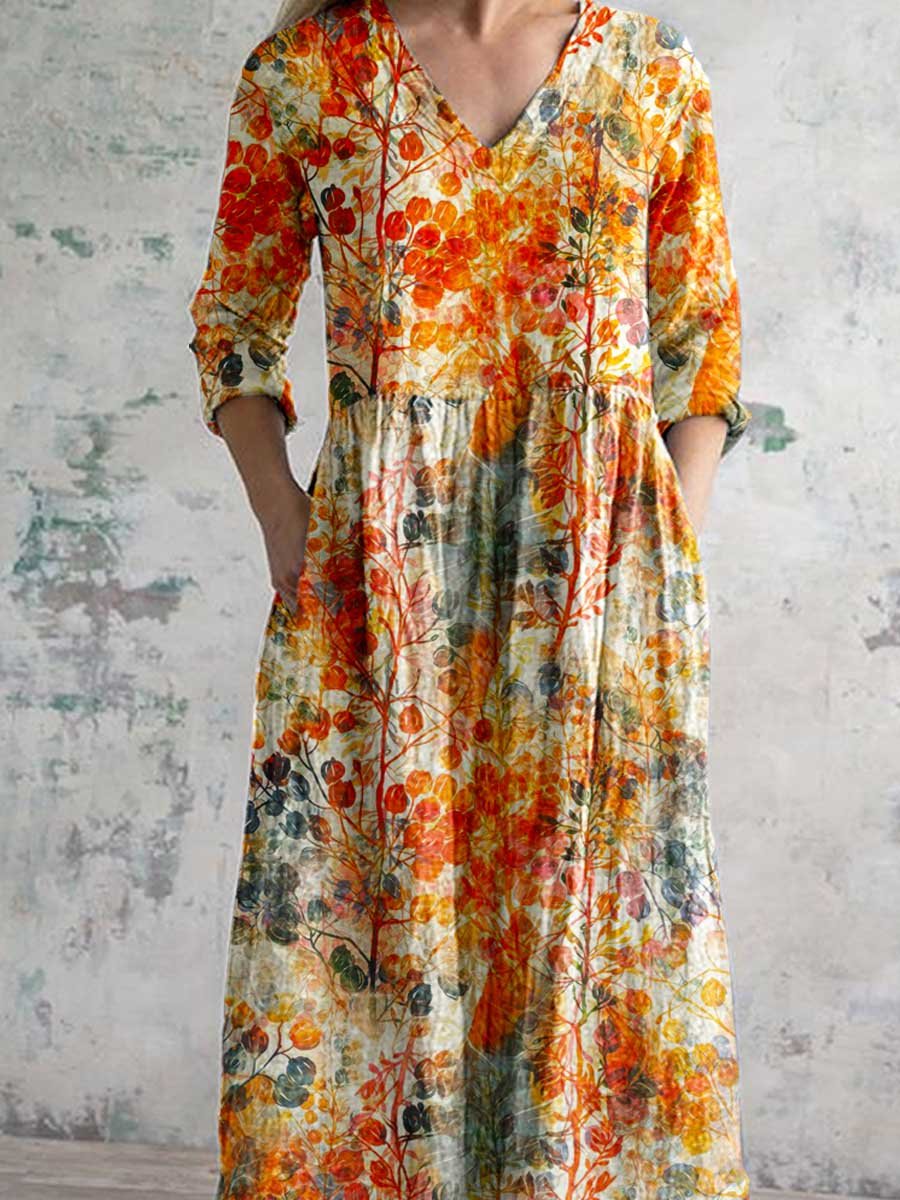 Women's Elegant Floral Pattern V-Neck Cotton Dress
