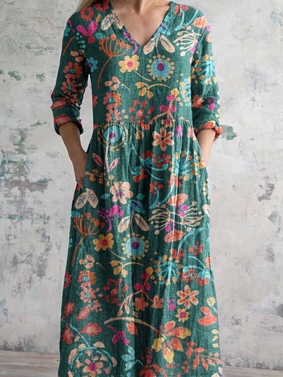 Women's V-neck Elegant Poppy Floral Print Cotton Dress