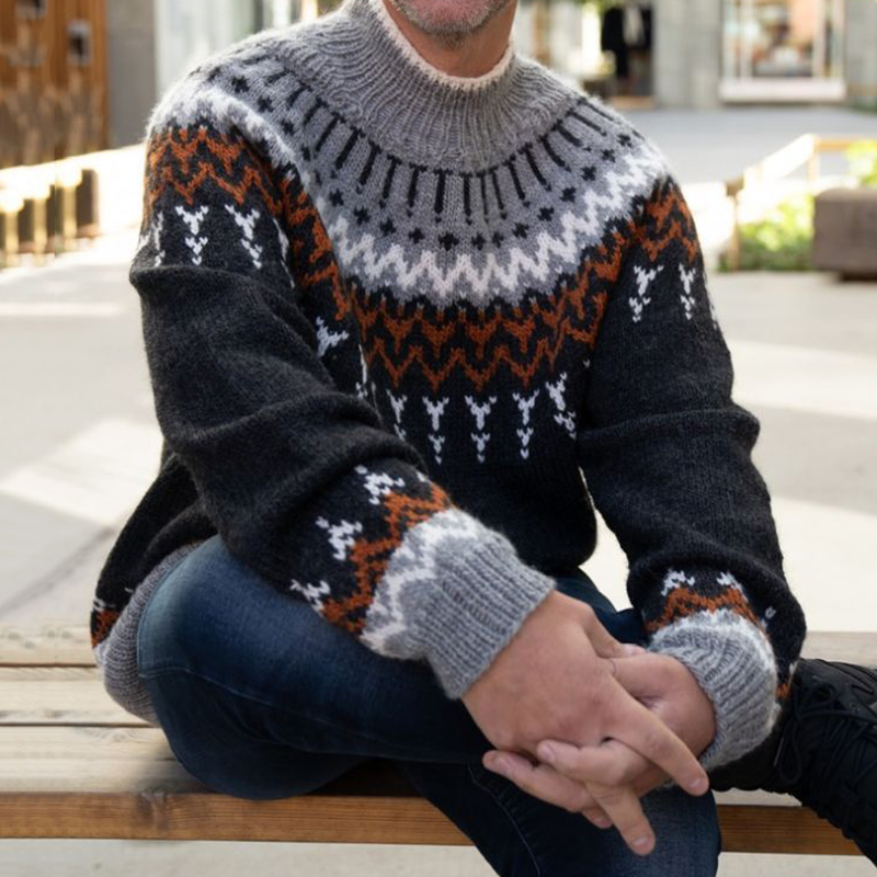 Men's Vintage Knitted Jacquard Crew Neck Sweater