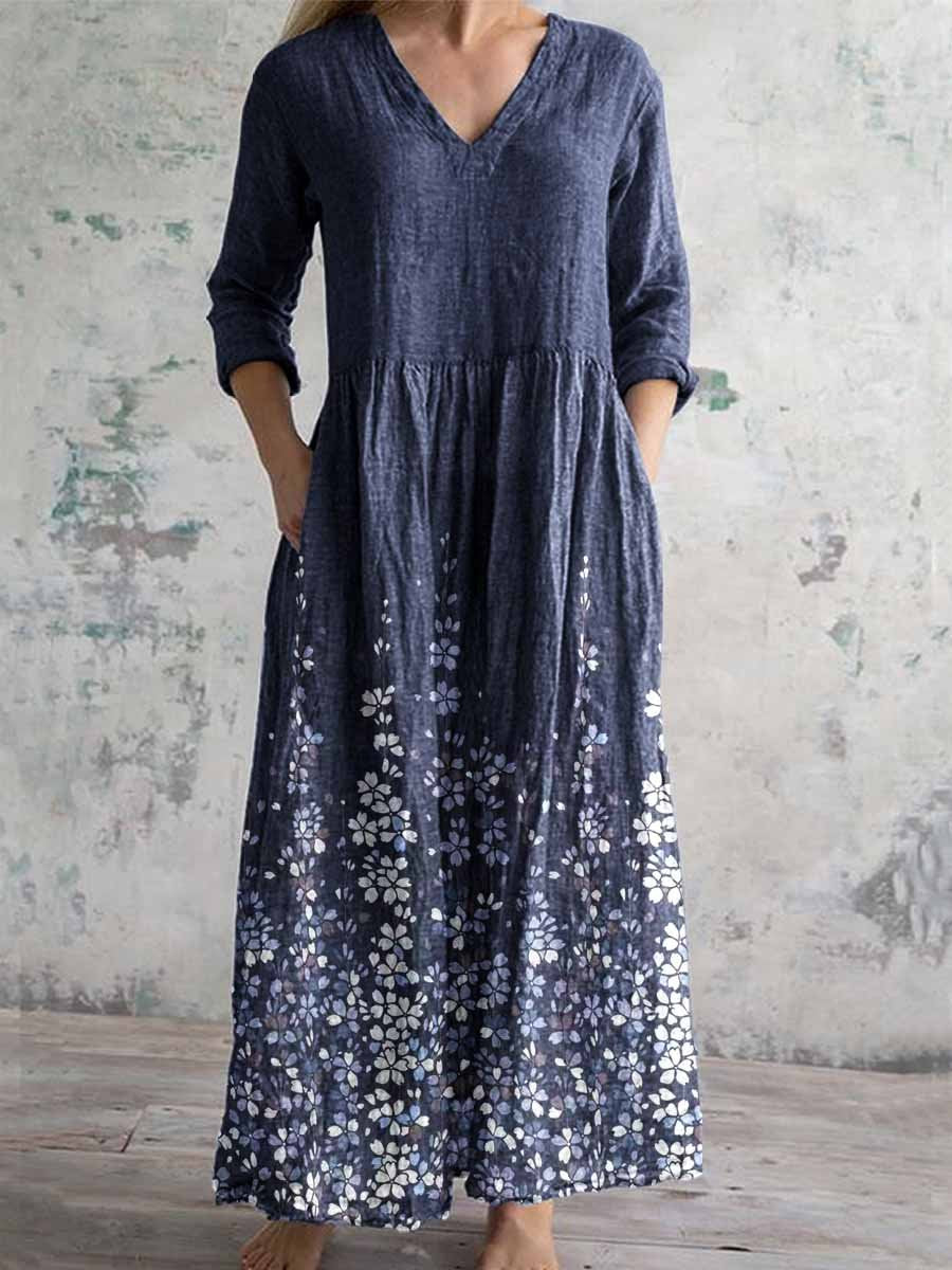 Women's Elegant Floral Pattern V-Neck Cotton Fabric Dress with Pockets