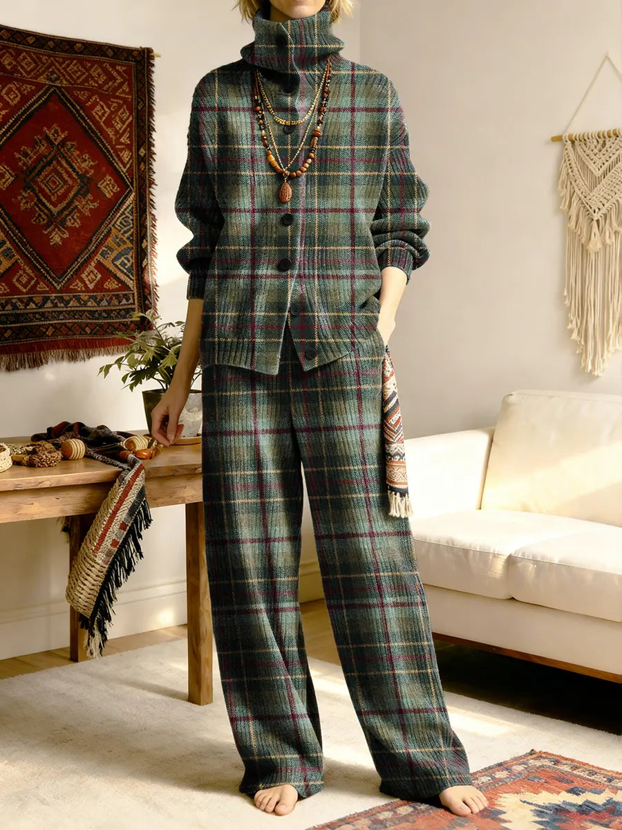 Ethnicity Dark Green Checkered Pattern Women's Long Sleeve Top And Pants Sweater Suit