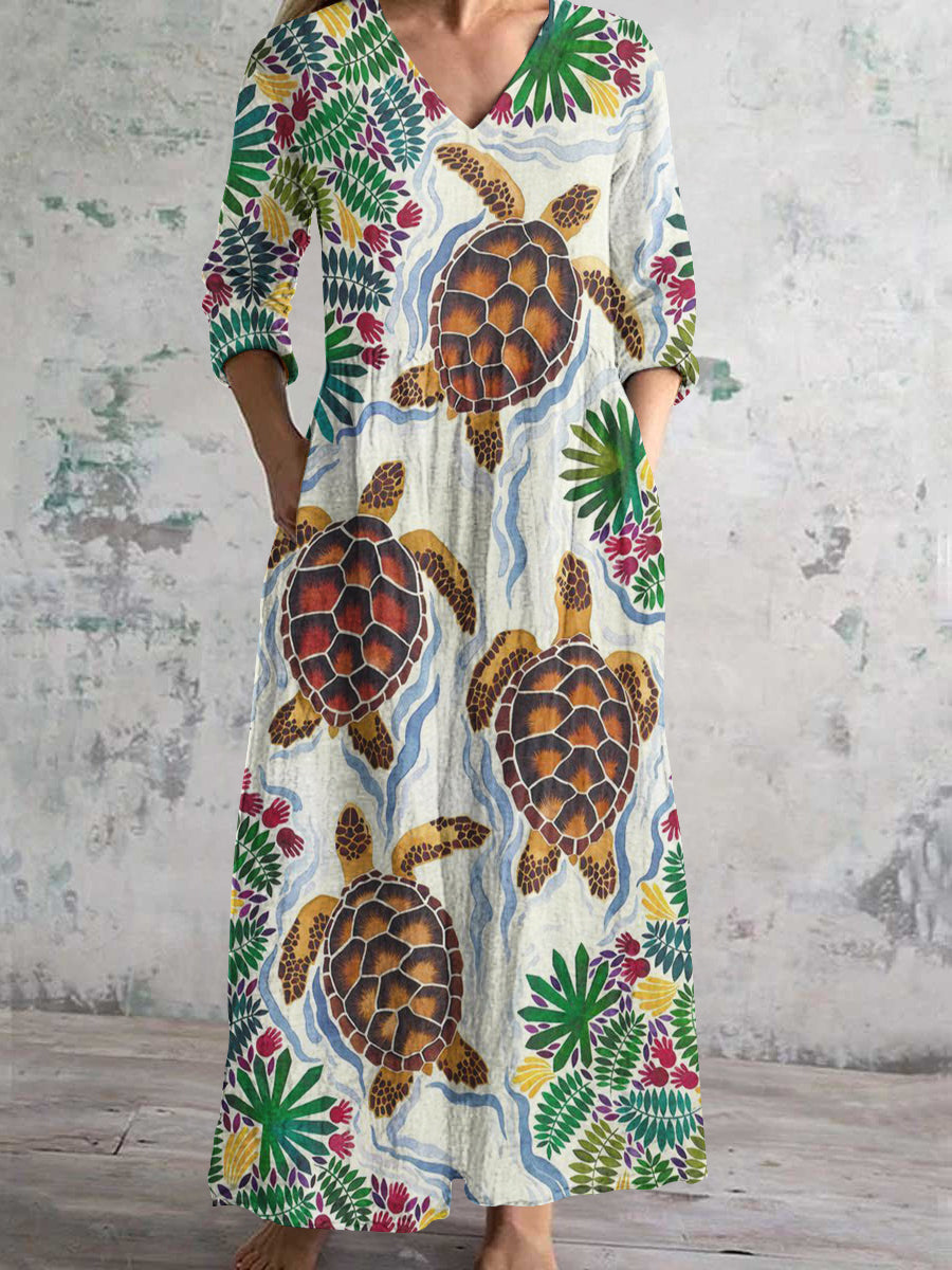 Women's V-Neck Turtle Art Print Cotton and Linen Pocket Dress