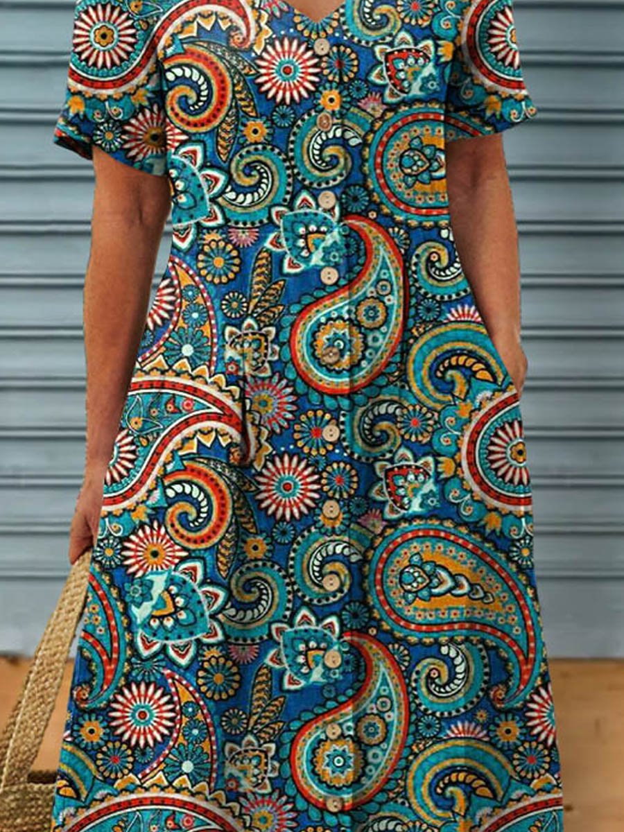 Women's Vintage Ethnic Floral Art Print Linen Pocket Tunic Dress