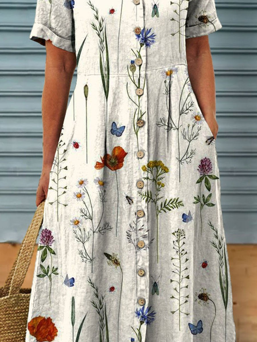 Women's Vintage Floral Art Print Linen Pocket Tunic Dress