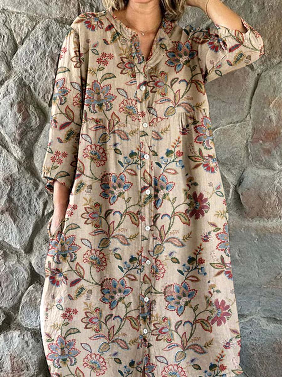 Women's Elegant Vintage Floral Pattern Shirt Style Cotton and Linen Dress