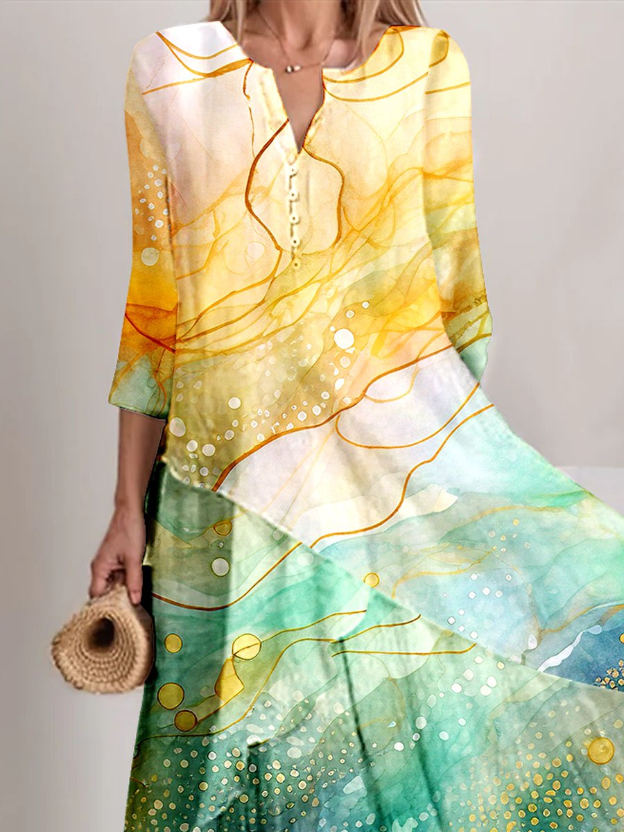 Women's Watercolor Splash Fluid Art Print Flowy Dress