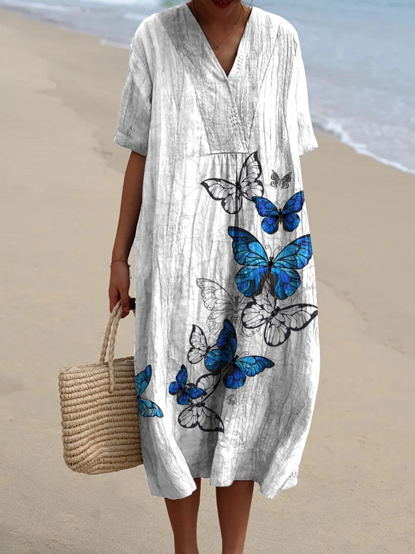 Women's Vintage Lovely Butterflies Art Print Flowy Dress