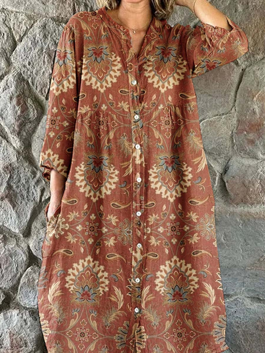 Women's Elegant Vintage Floral Pattern Shirt Style Cotton and Linen Dress