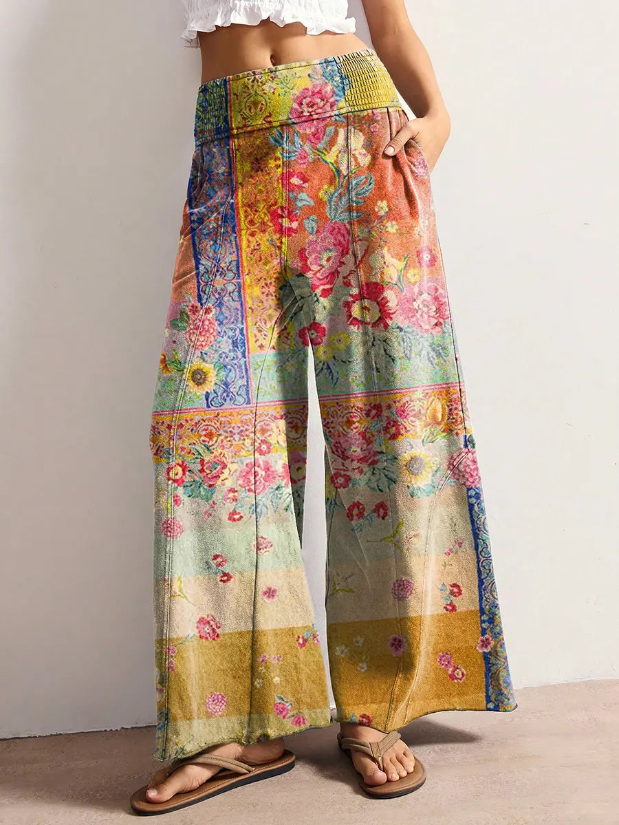 Women's Ethnic Floral Pattern Art Print Stretch Wide-leg Pants