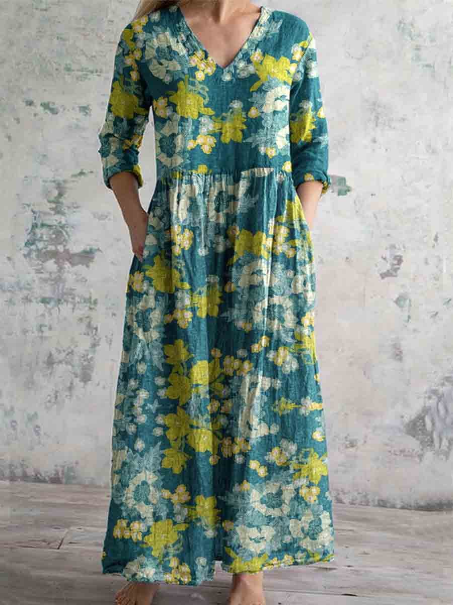 Women's Simple Elegant V Neck Floral Pattern Cotton Fabric Dress with Pockets