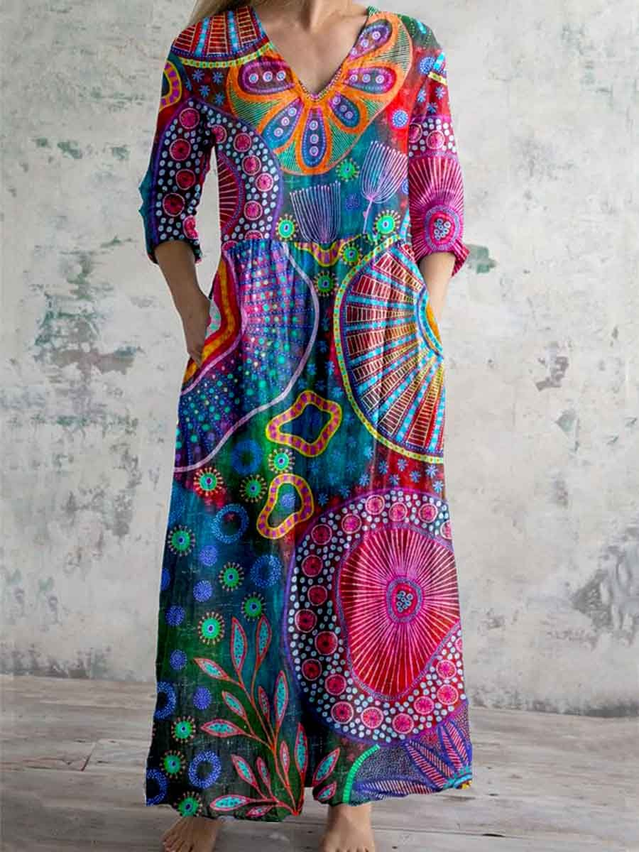 Women's Artistic Texture Geometric Pattern V-Neck Cotton And Linen Dress