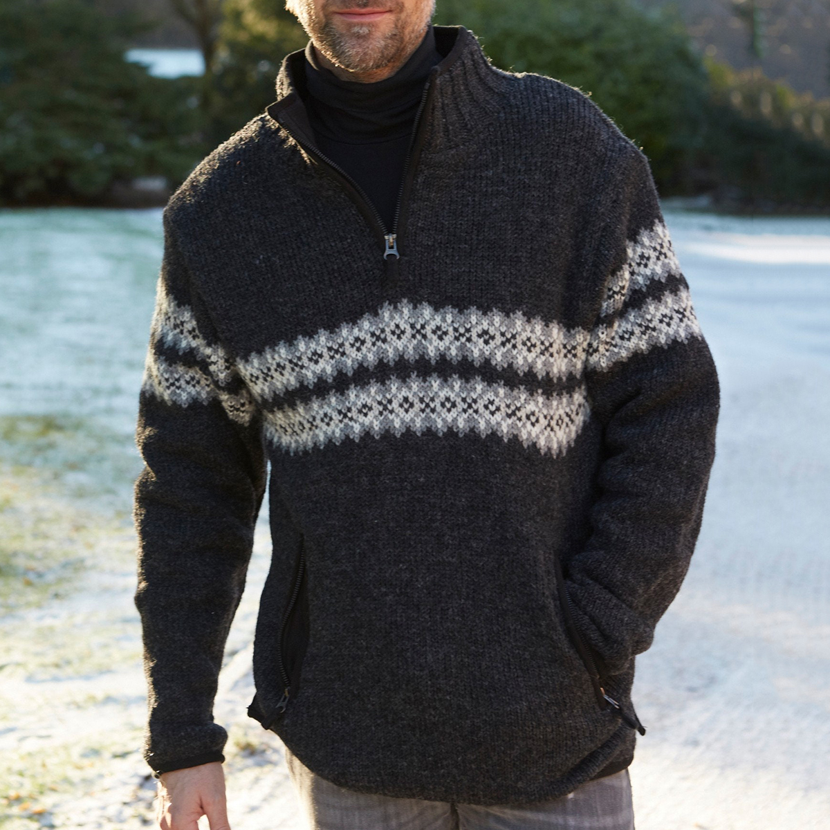 Vintage Warmth Norwool Icelandic Knit Jacquard Half Zip Collar Sweater