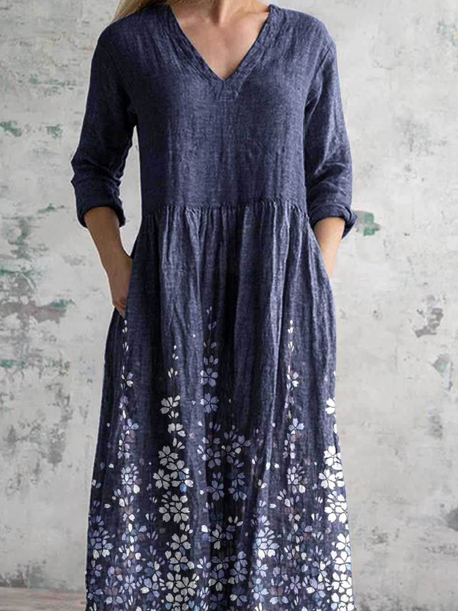 Women's Elegant Floral Pattern V-Neck Cotton Fabric Dress with Pockets
