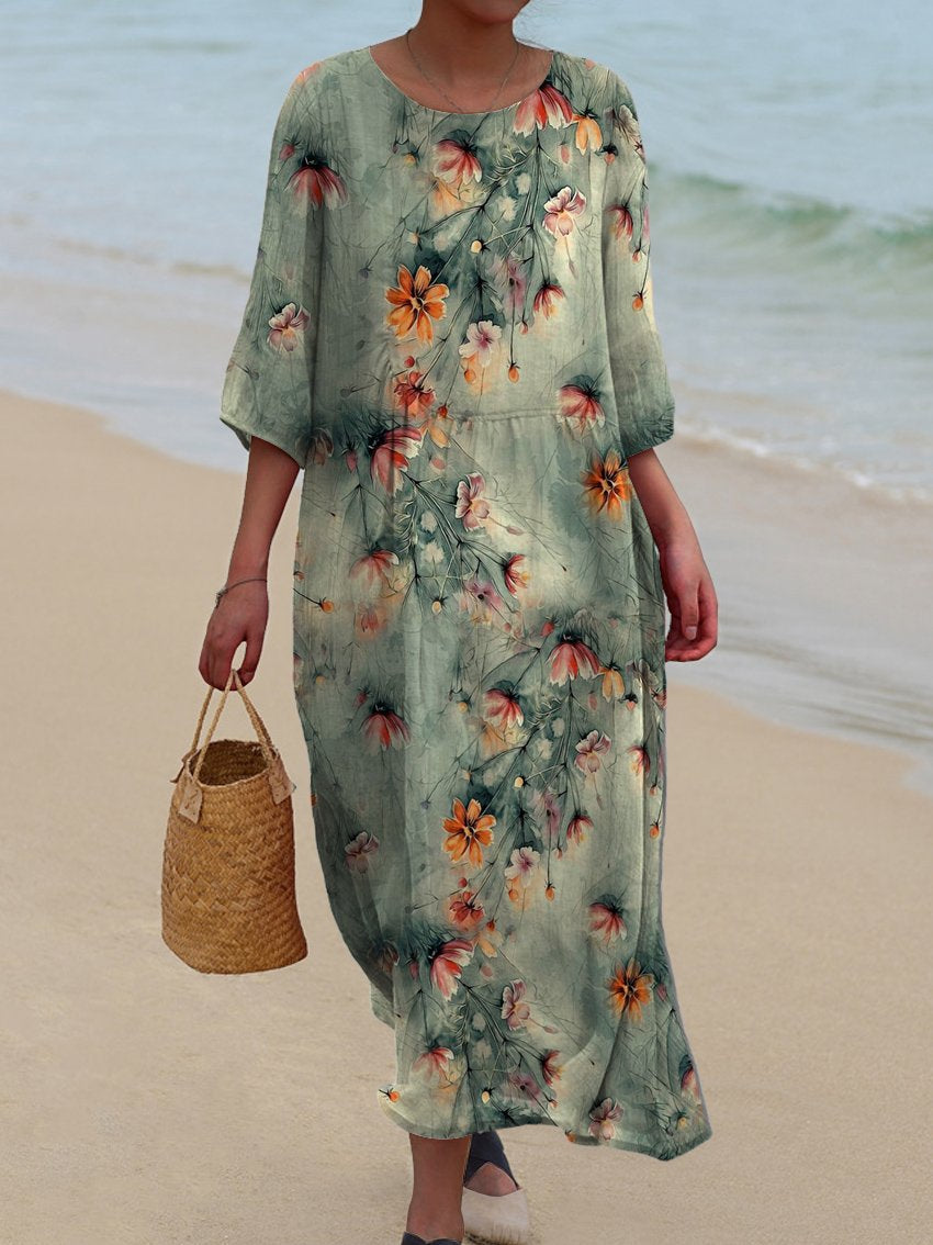 Women's Elegant Orange Floral Print On Green Background Print Pocket Cotton Dress