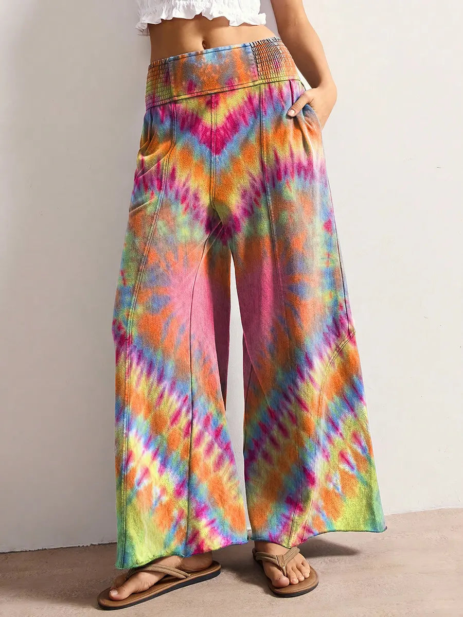 Women's Retro Colorful Heart Tie-Dye Art Print Casual Side Pocket Cotton Pants
