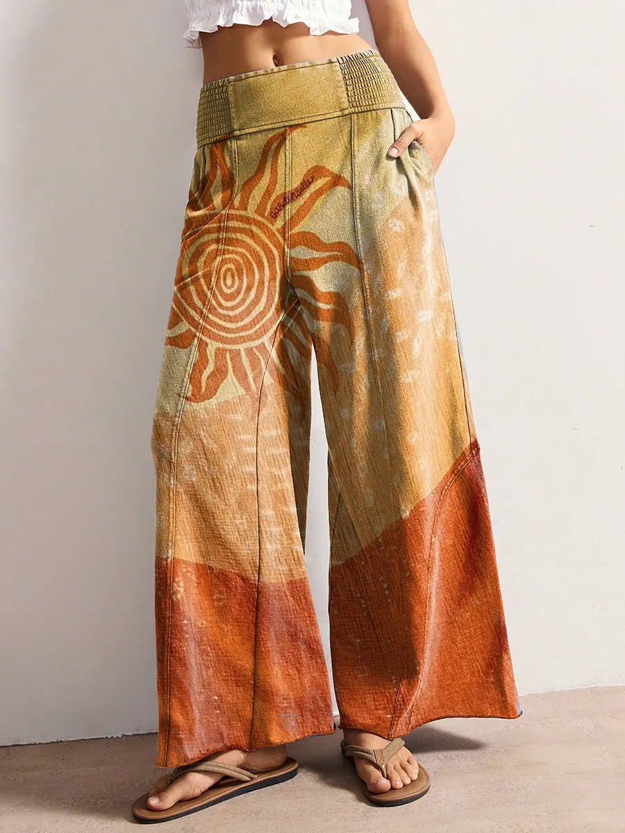 Vintage Abstract Sun Women's Art Print Elastic Wide-leg Pants