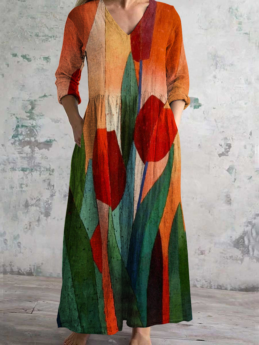 Women's V Neck Abstract Floral Color Art Print Cotton and Linen Pocket Dress