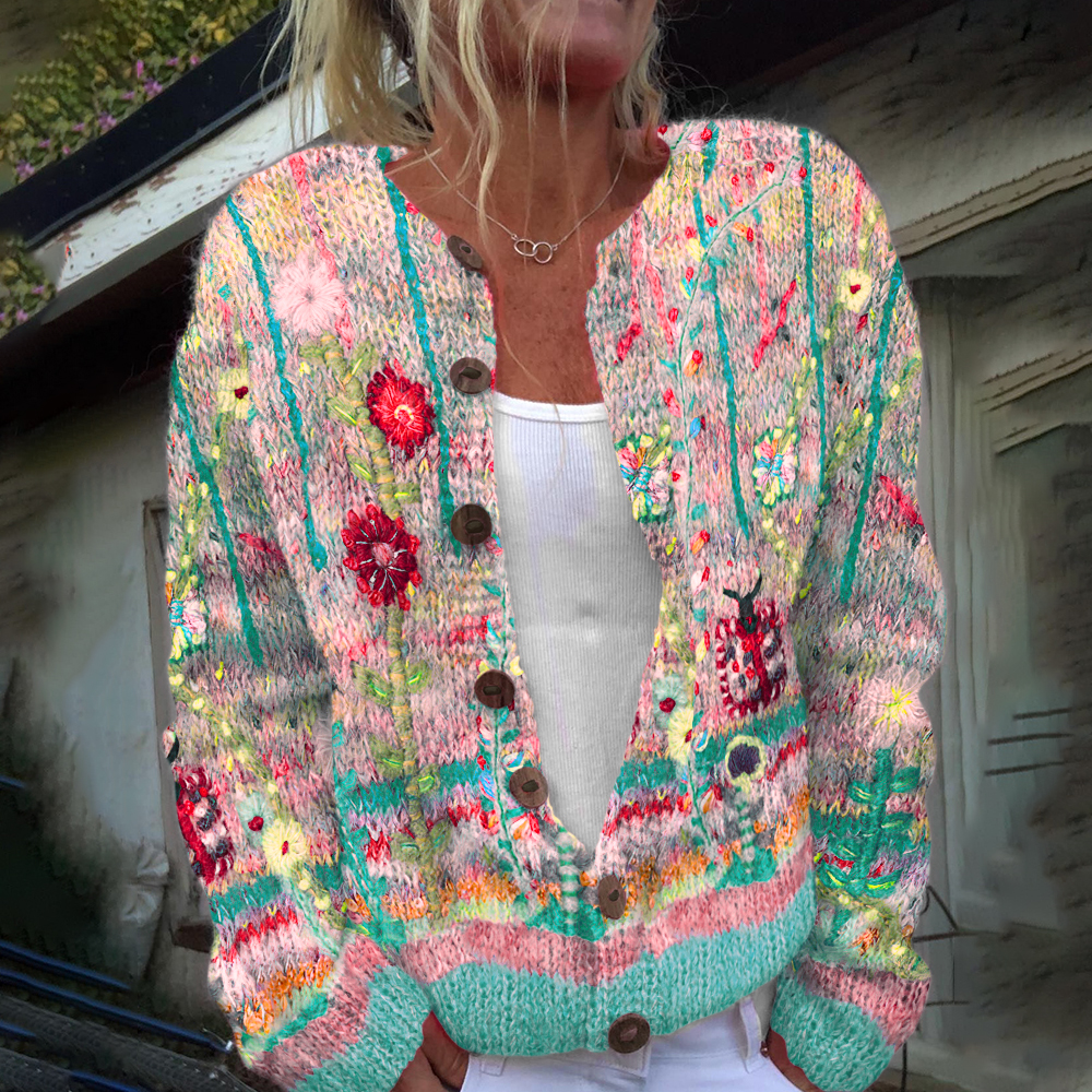 Vintage Floral Print Long Sleeved Knitted Cardigan