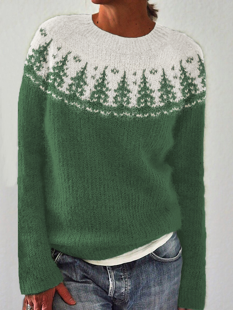 Christmas Trees Yoke Contrast Color Cozy Knit Isle Sweater
