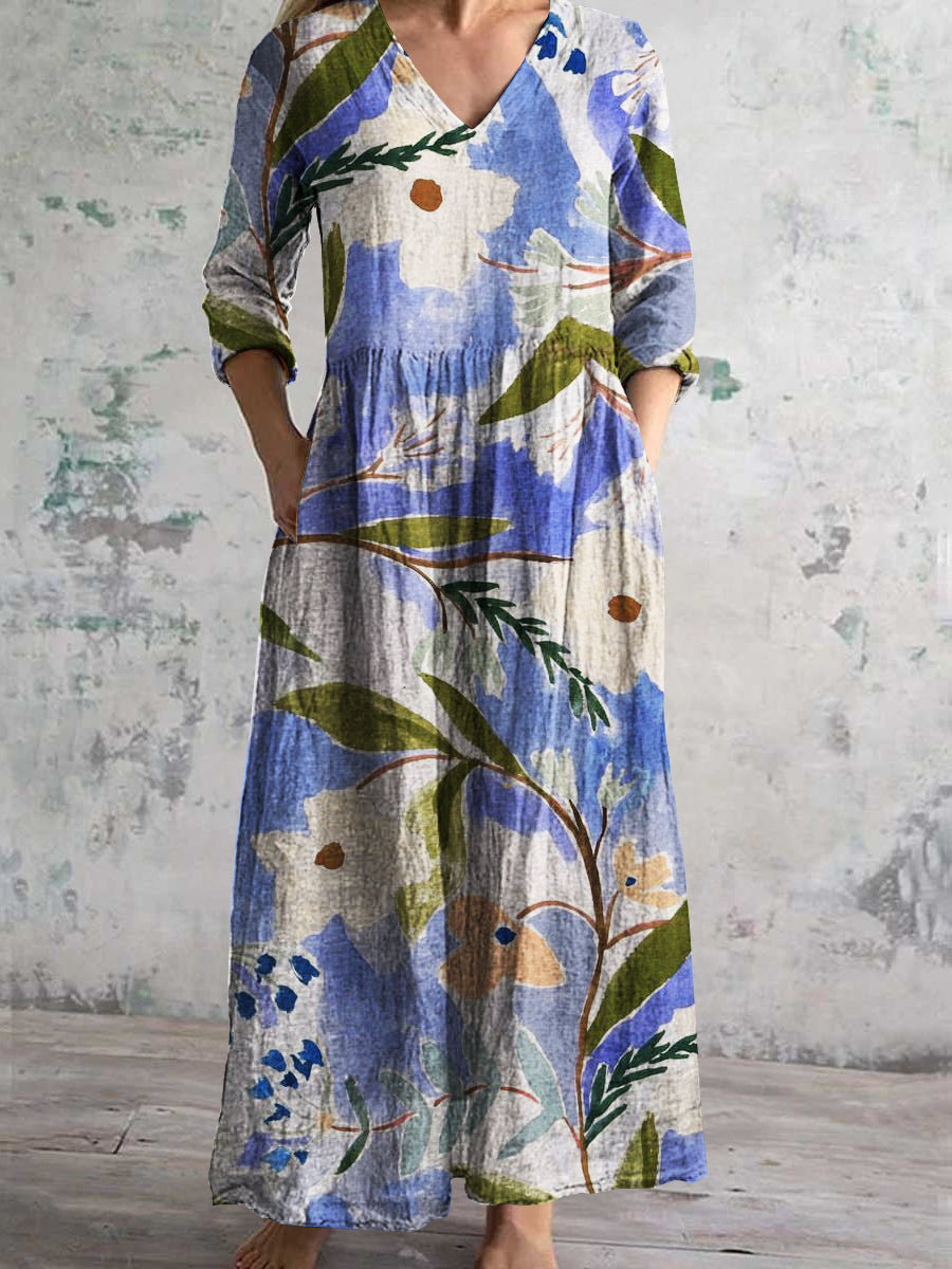 Women's V-Neck Elegant Art Floral Two Color Cotton Linen Dress