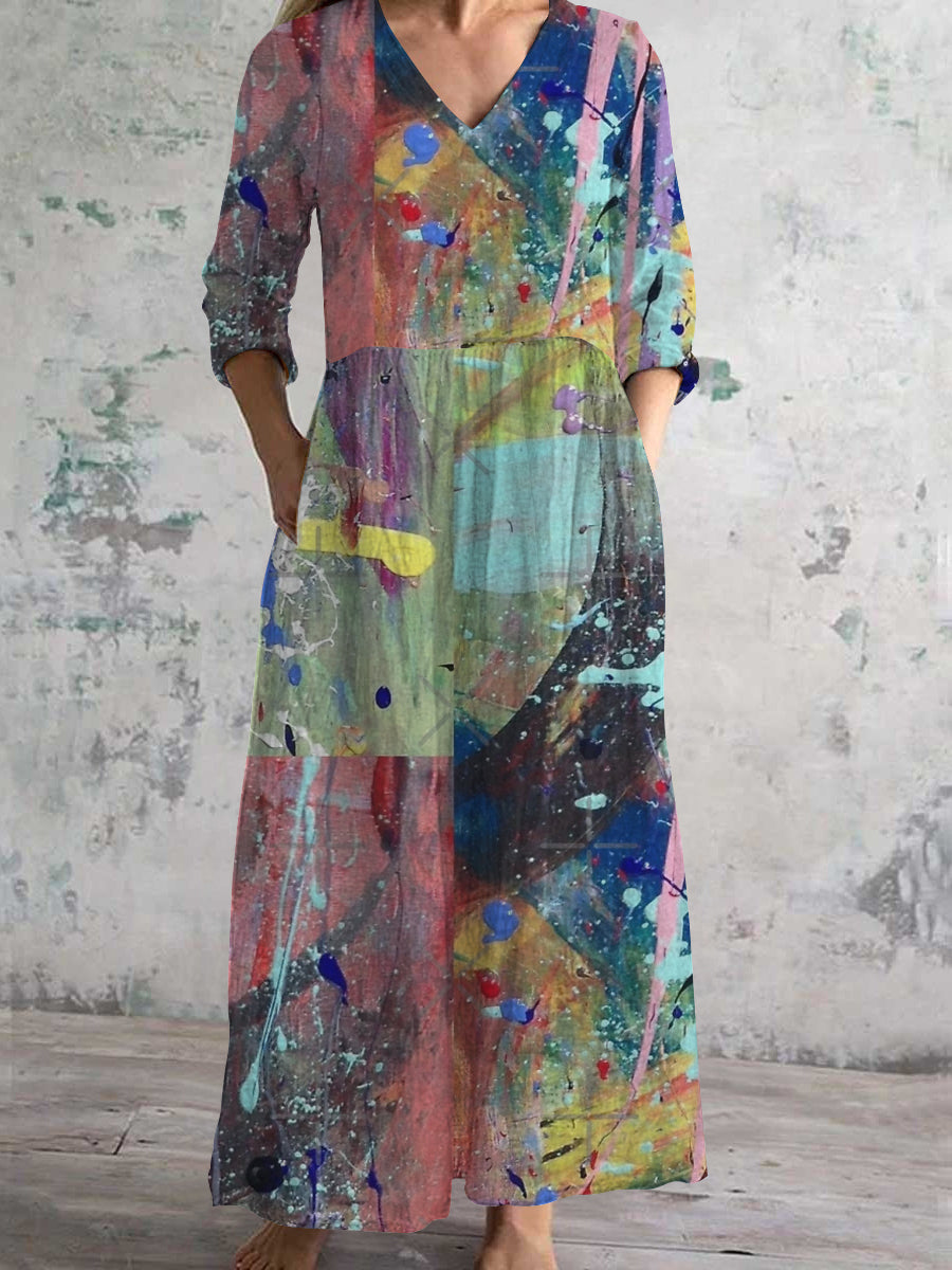 Women's V-Neck Art Painting Rendering Pattern Dress with Pockets