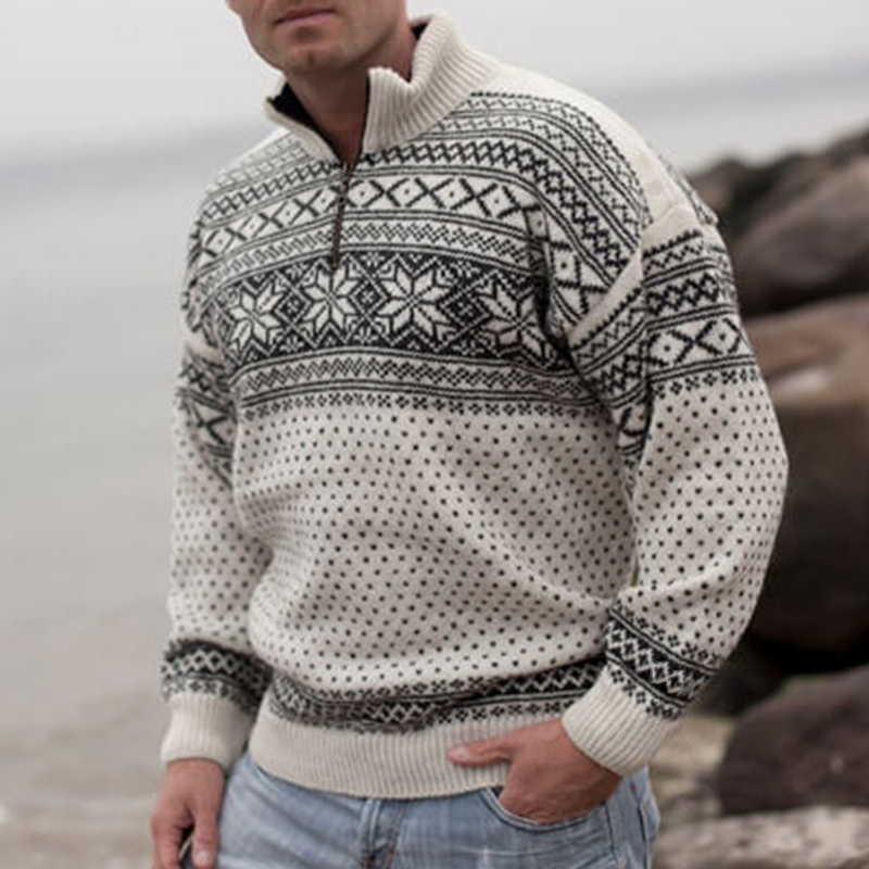 Vintage Warmth Norwool Knit Jacquard Icelandic Half Zip Collar Sweater(Unisex )