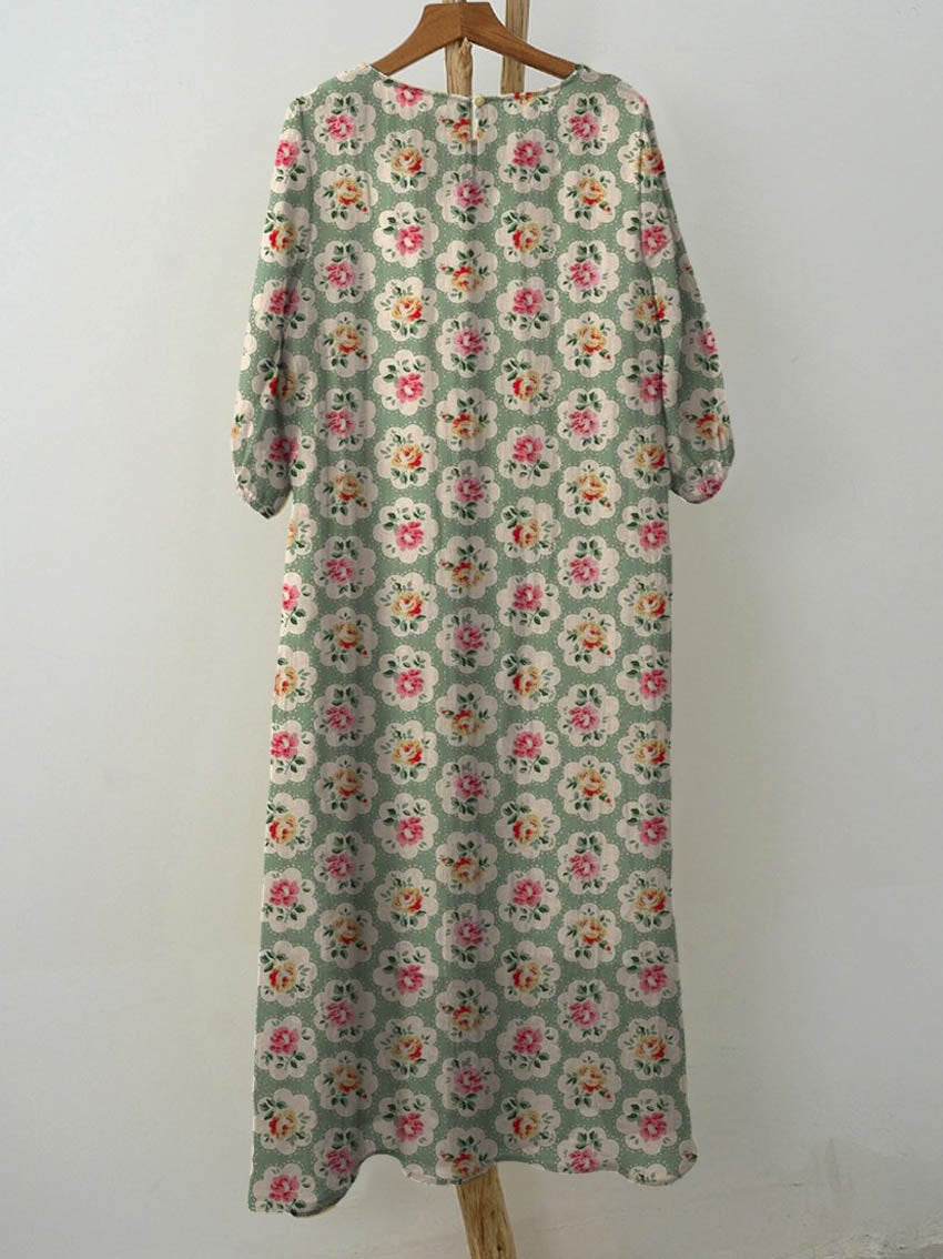 Women's Vintage Floral Art Print Pocket Cotton Dress