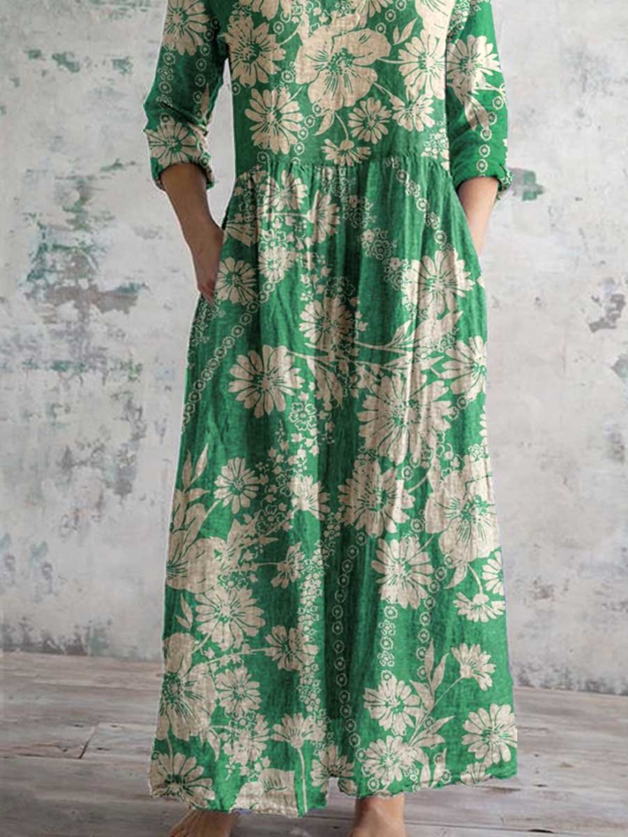 Women's V-neck Elegant Poppy Floral Print Cotton Dress