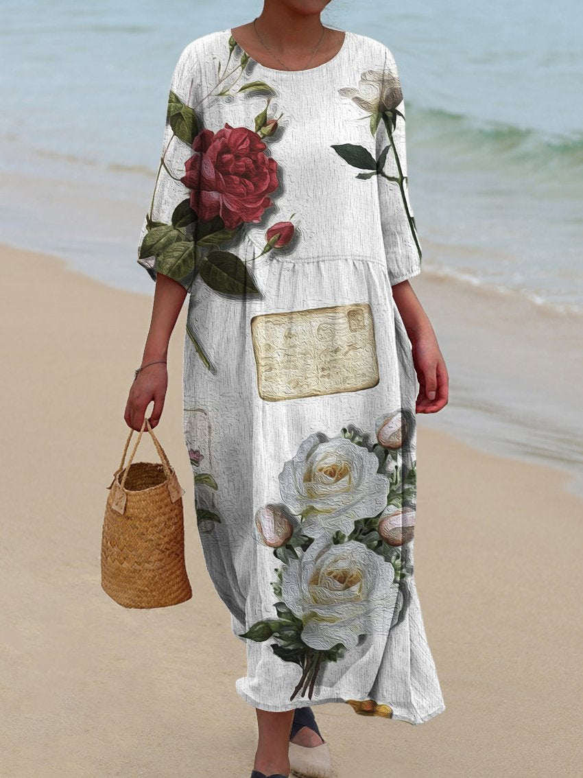 Women's Oil Painting Texture Collage Rose Print Pocket Cotton Dress