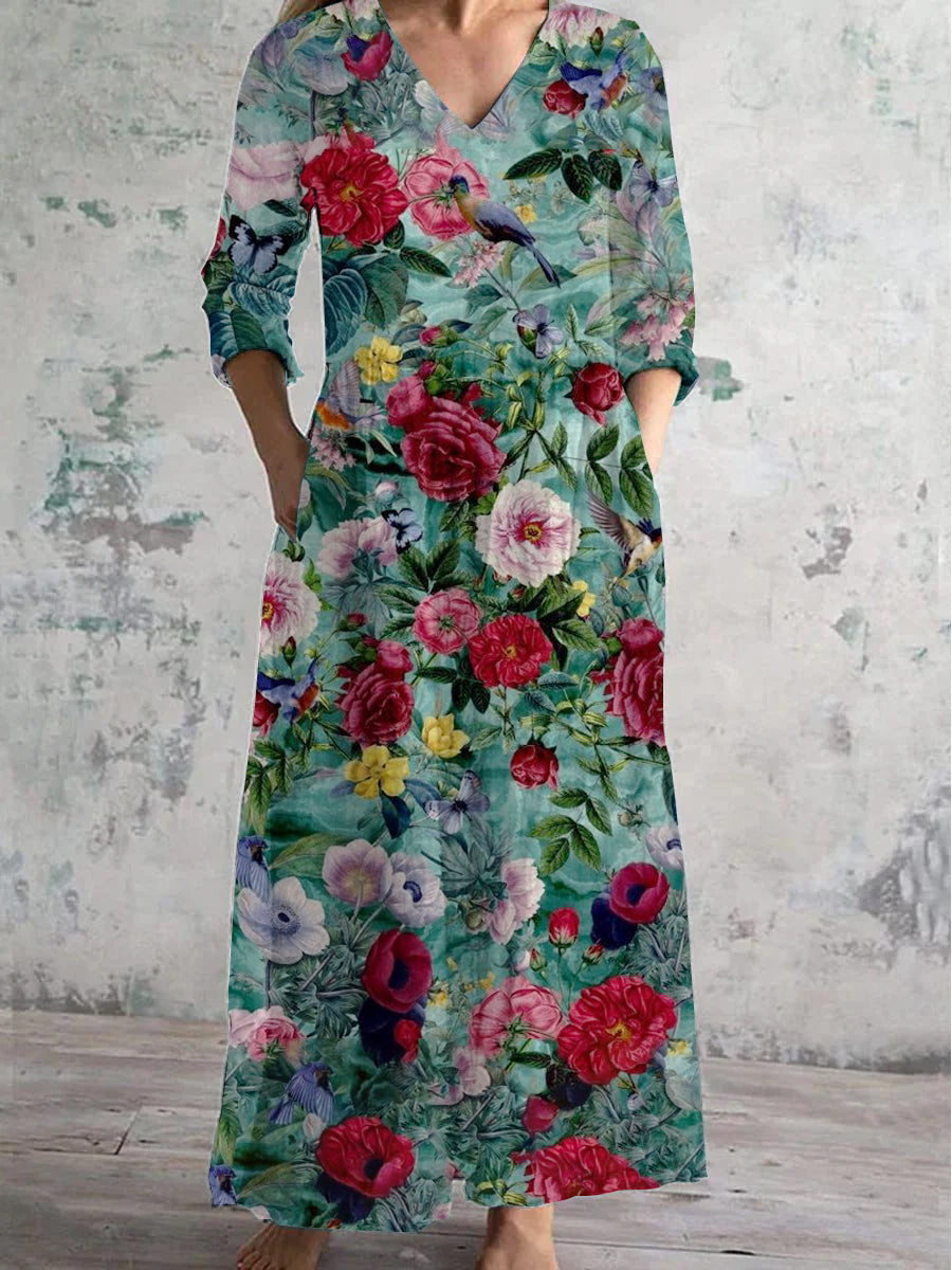 Women's V-Neck Art Floral Pattern Dress With Pockets