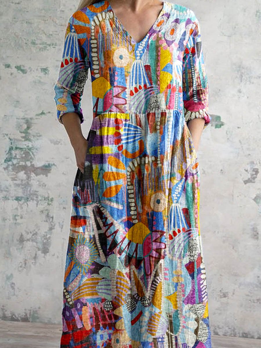 Women's Elegant Geometric Floral Print Cotton Dress