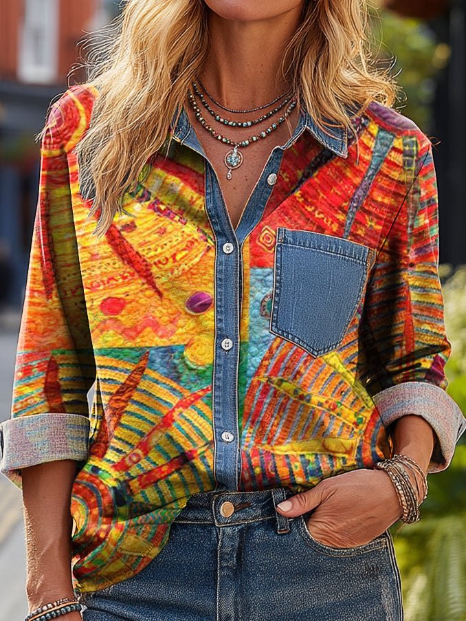 Women's Vintage Bohemian Sun Art Print Casual Cotton Denim Pocket Shirt