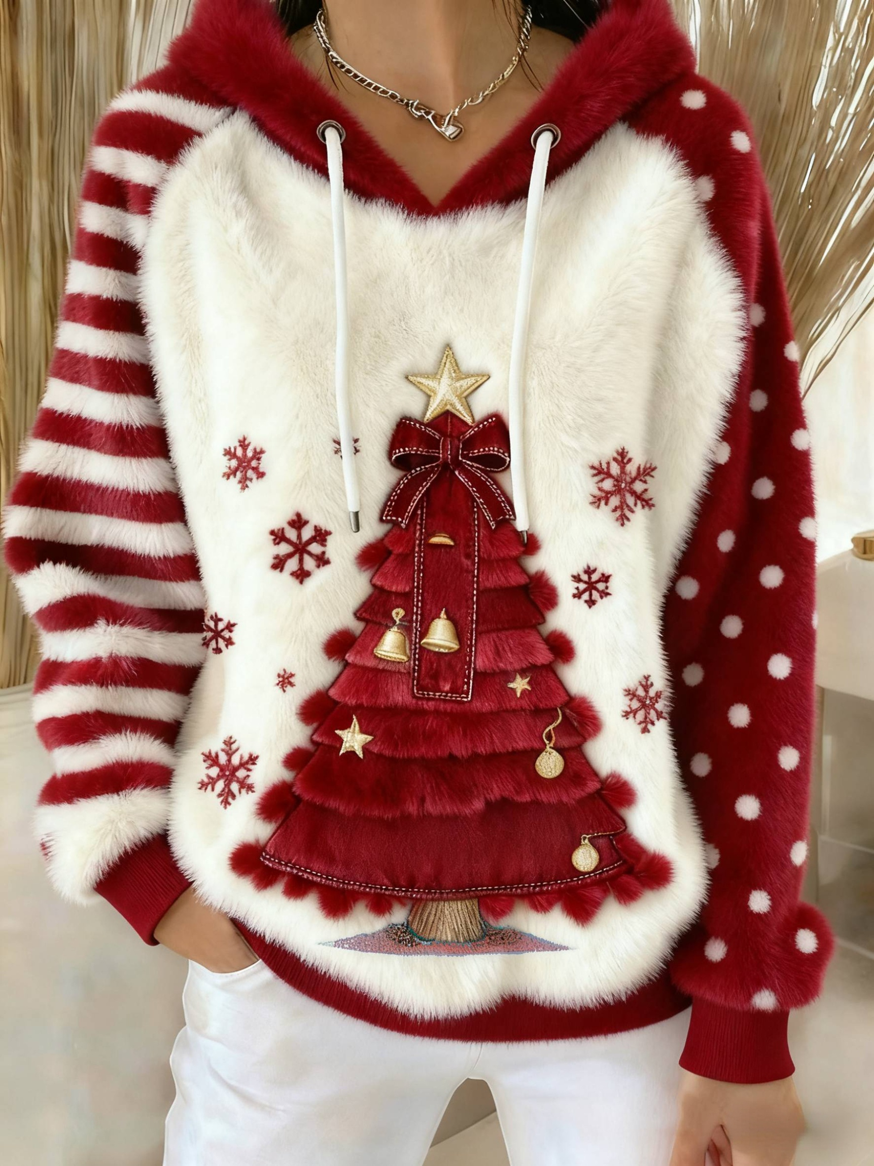 Christmas Tree Colorblock Art Women's Cozy Plush Hooded Sweater