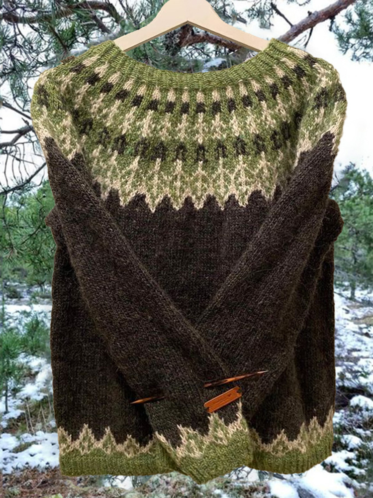 Vintage Green Icelandic Knit Jacquard Warmth Crew Neck Sweater