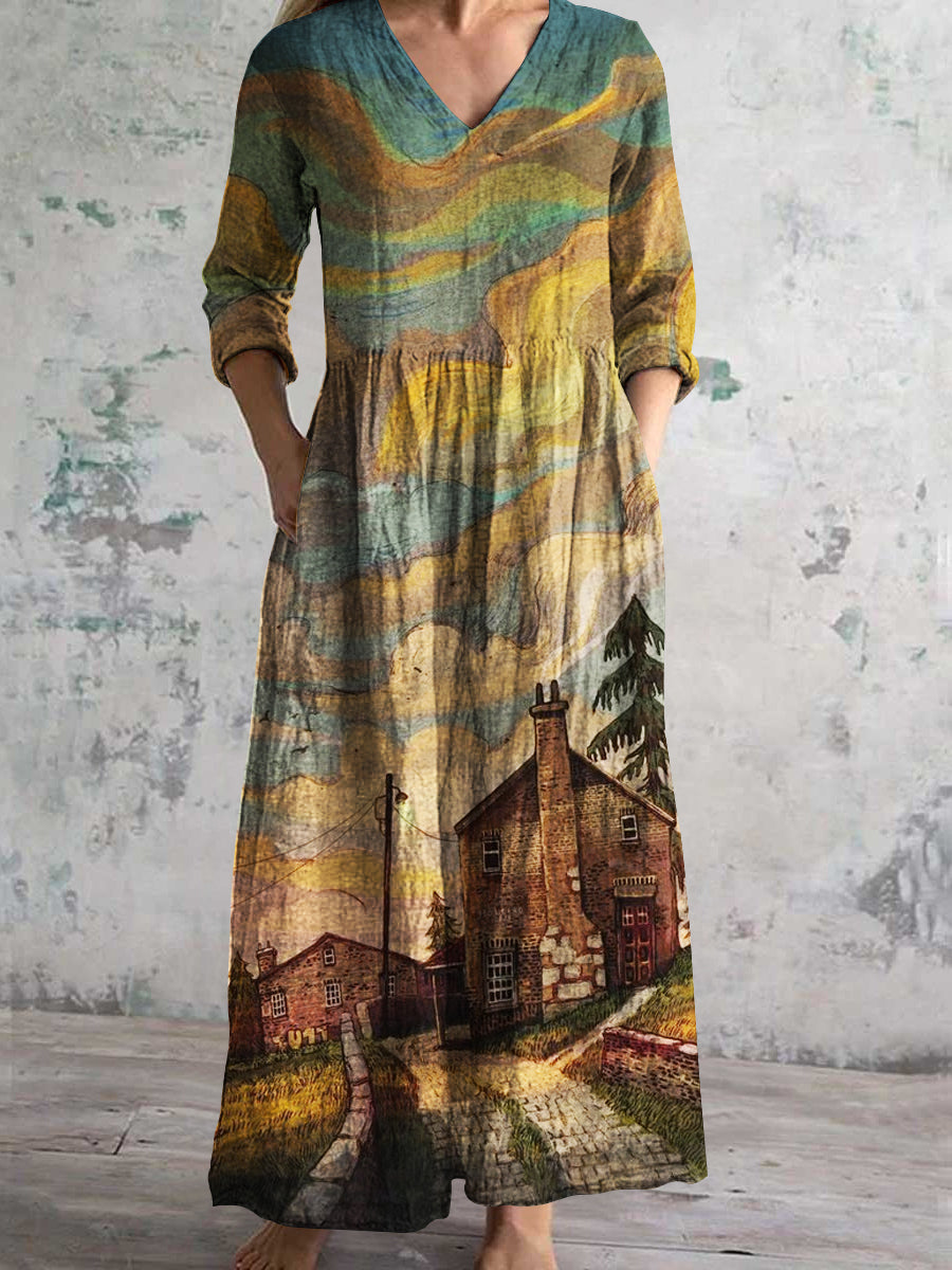 Women's V-neck Vintage Cotton and Linen Art Painted Long Sleeve Dress