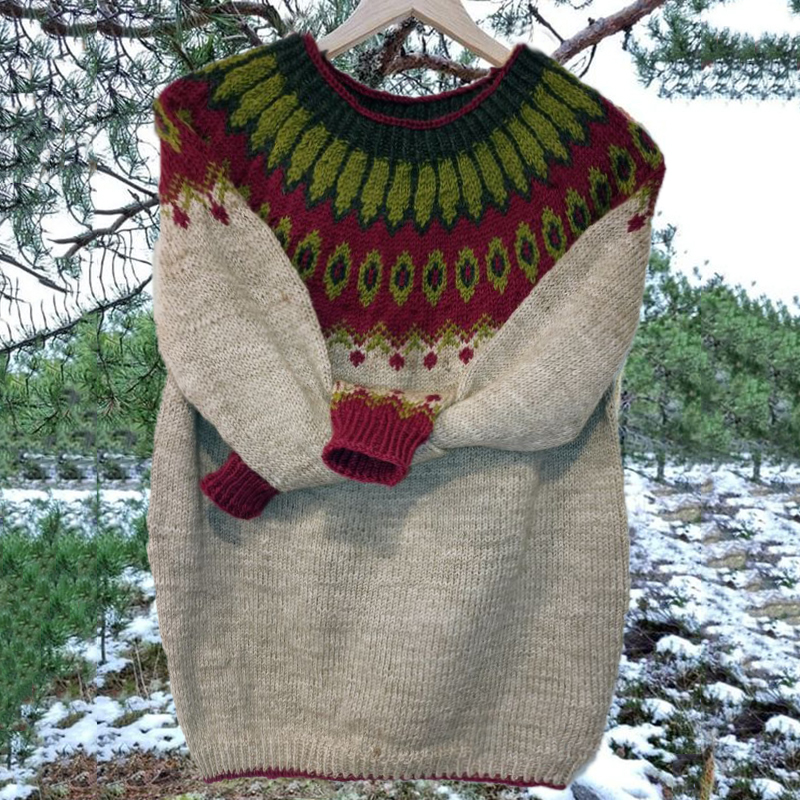 Unisex Vintage Icelandic Contrasting Colors Knit Jacquard Warmth Crew Neck Sweater