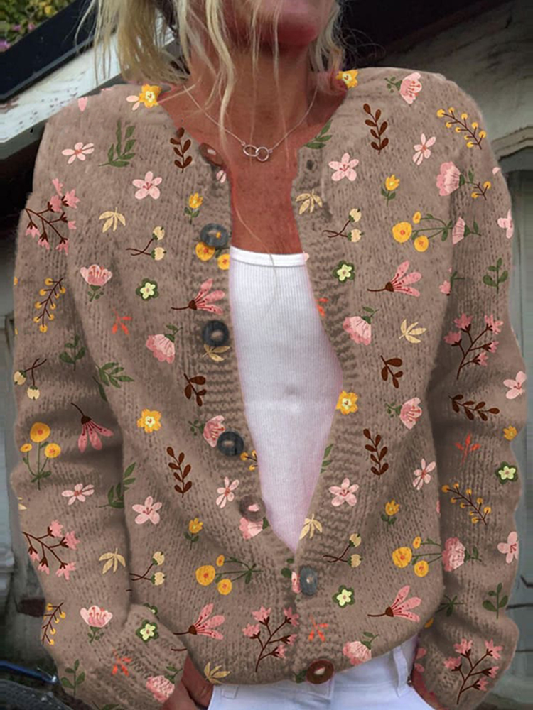 Vintage Floral Art Print Cozy Button Sweater