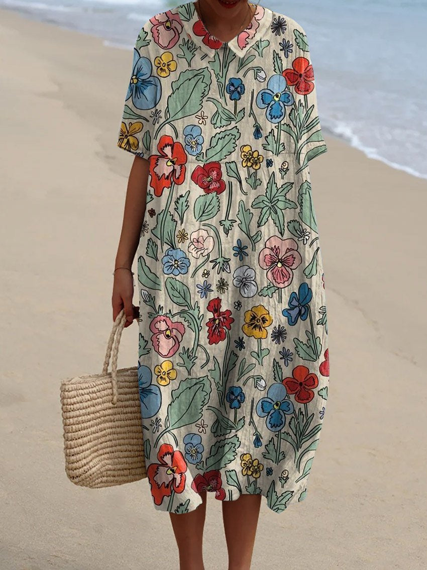 Women's Vintage Floral Art Print Pocket Linen Dress(Convertible Dress With Front And Back Option)