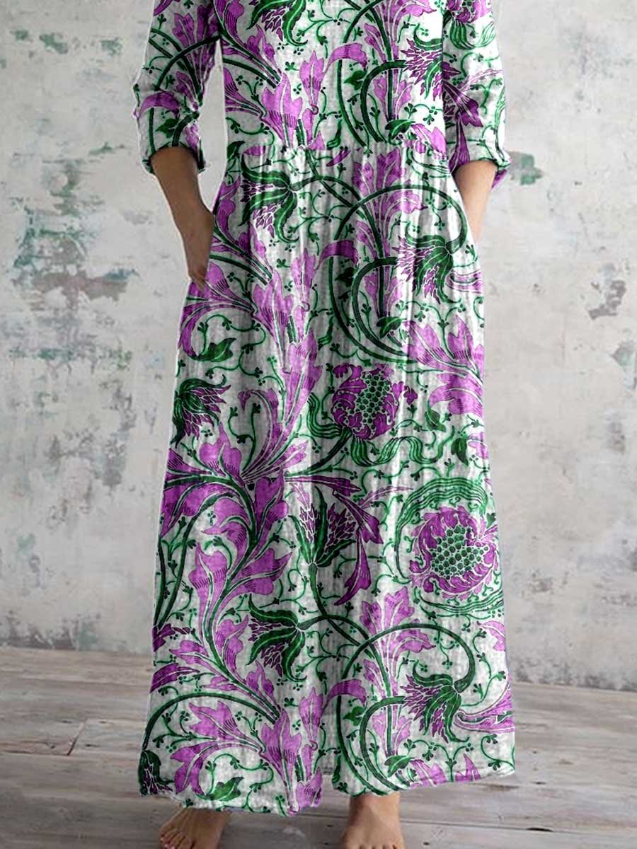 Women's V-neck  Abstract Art Floral Pattern Collar Cotton Dress With Pockets