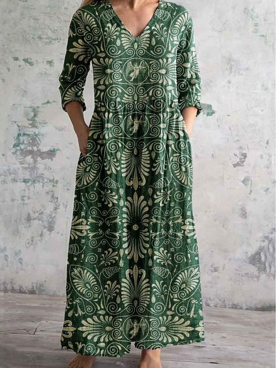 Women's V Neck Angel Floral Pattern Cotton and Linen Dress with Pockets