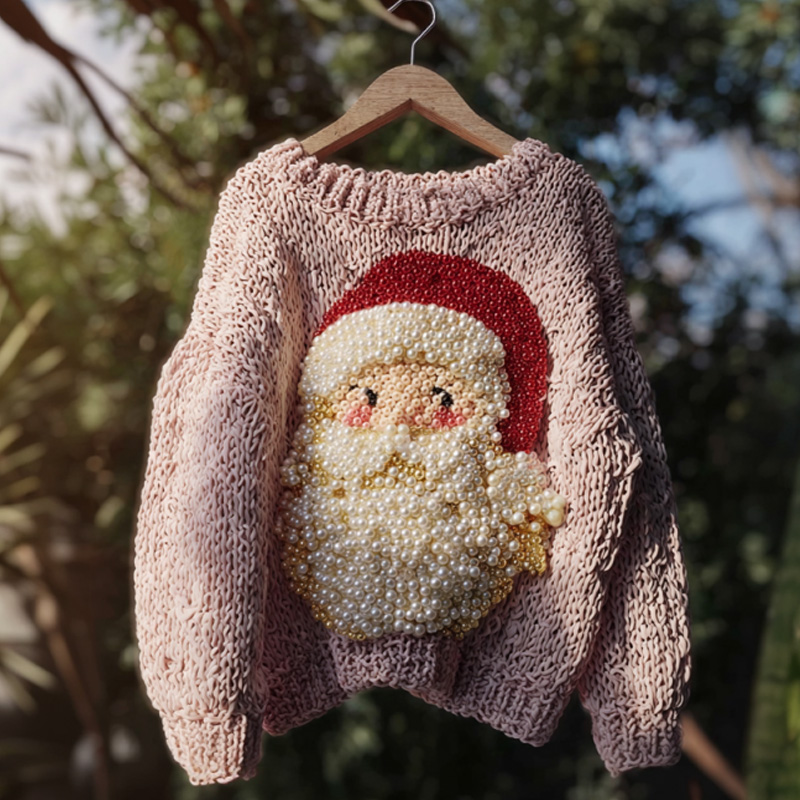 Santa Claus Embroidered Pearl Crew Neck Sweater