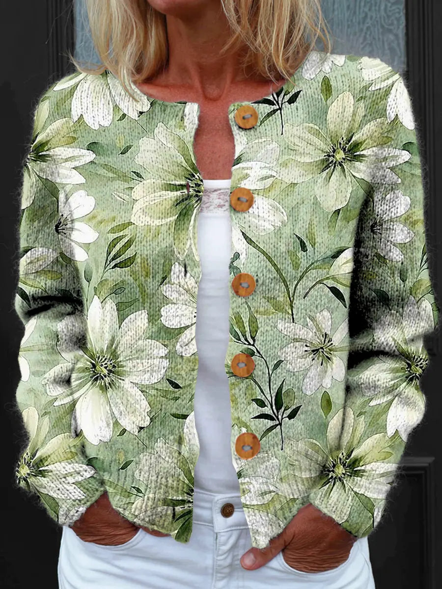 Women's Delicate Floral Art Print Button-front Knit Cardigan