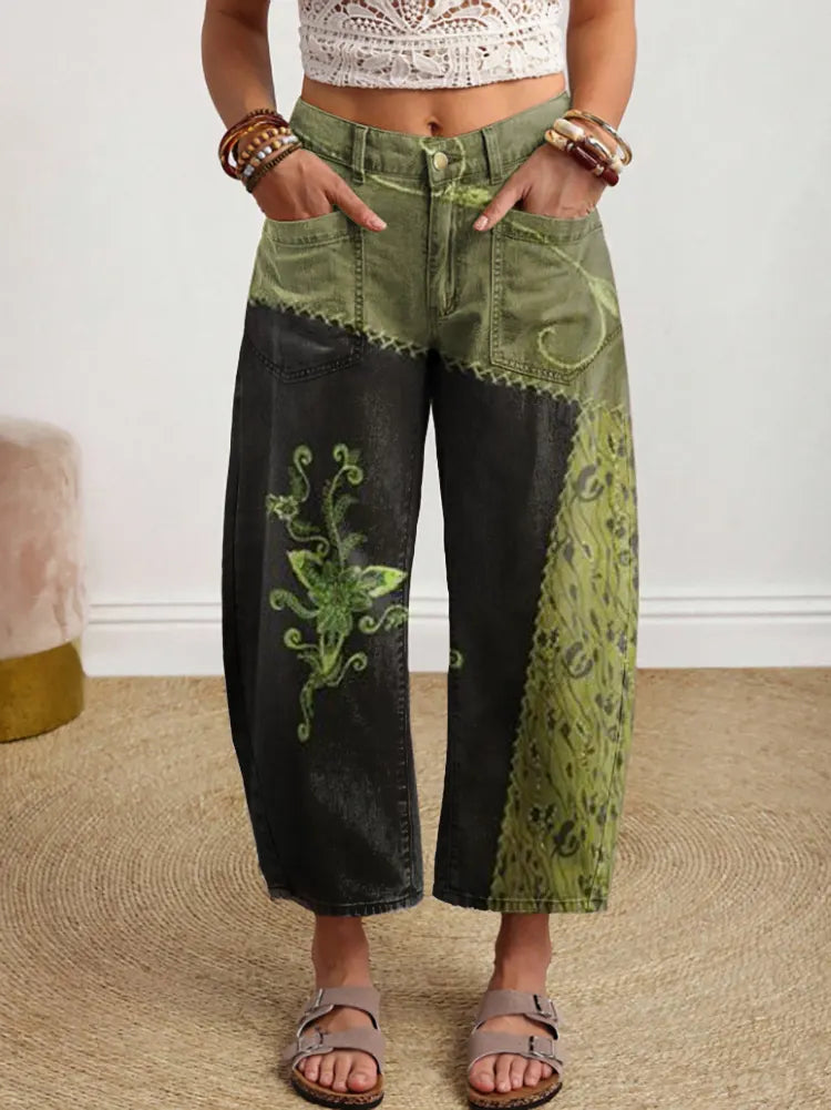 Women's Bohemian Hippie Style Patchwork Art Print Casual Cotton Trousers With Pockets.