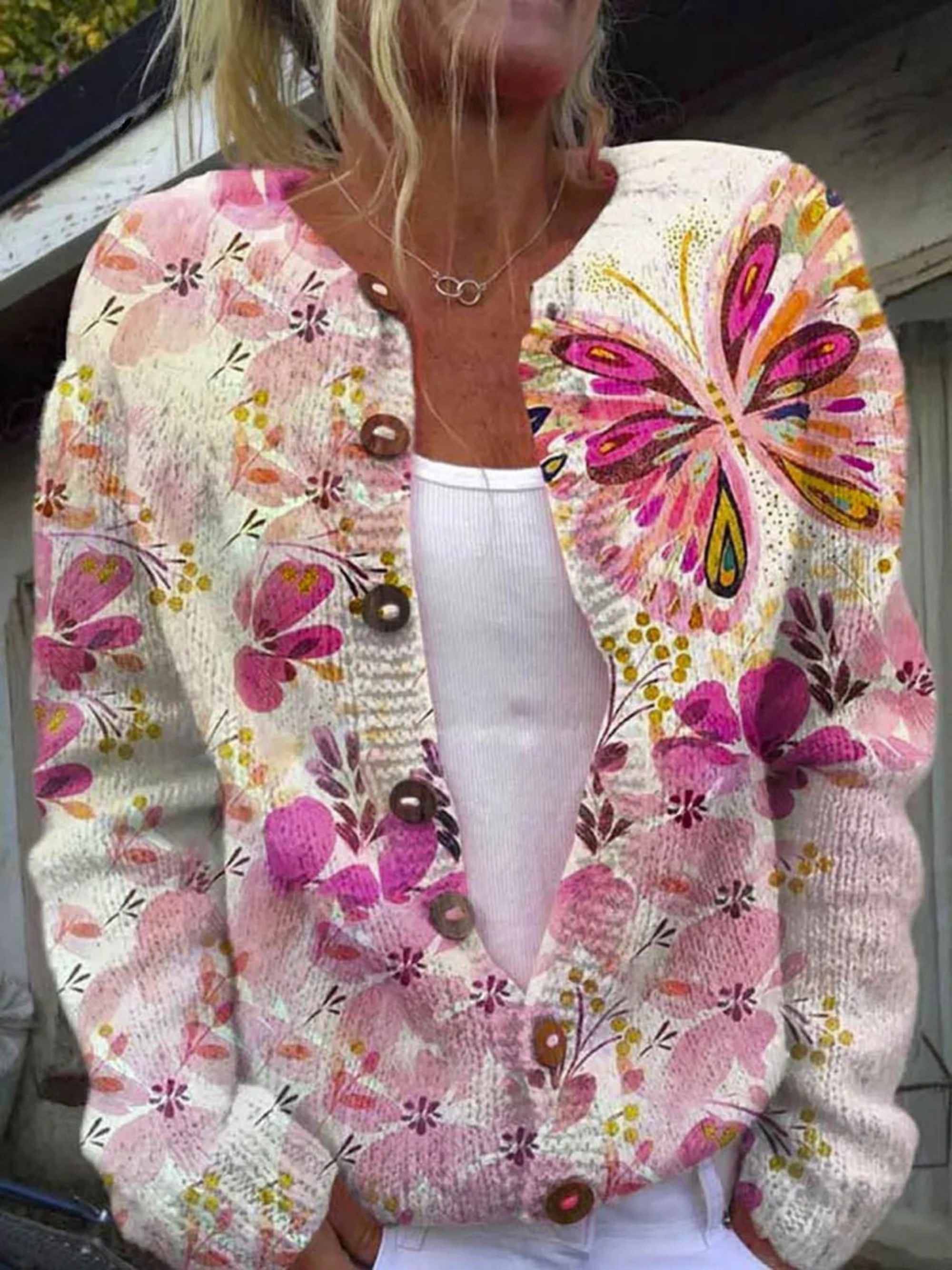 Darlina - Lovely Butterfly Floral Art Print Buttoned Cardigan Sweater